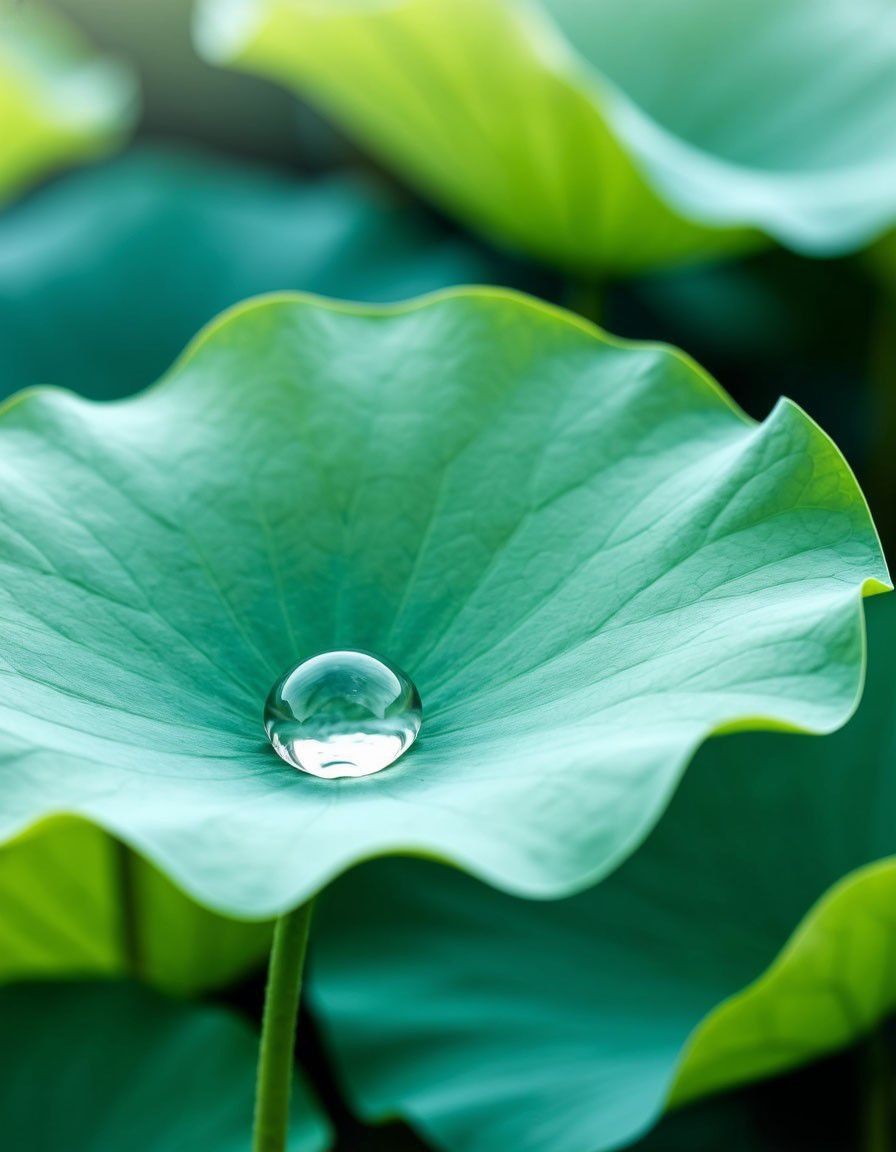 Foto makro butiran air tetesan hujan berbentuk bulat sempurna bergulir di atas permukaan daun teratai tanpa membasahinya sedikit pun.