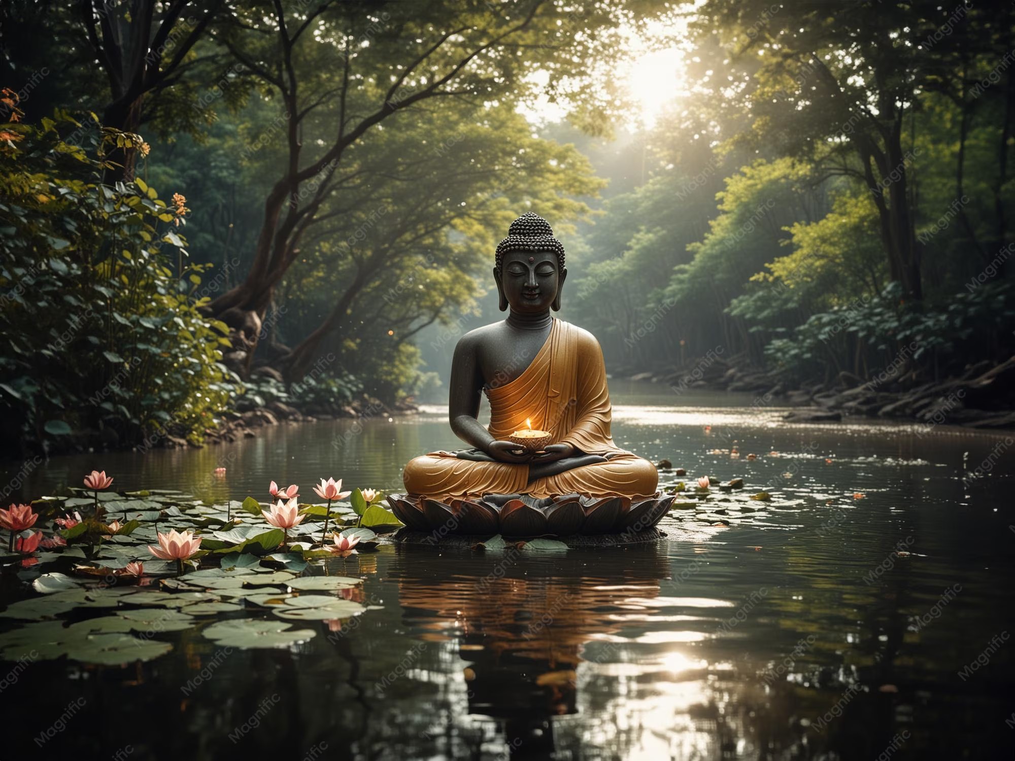 Patung batu meditasi bersila di tepi kolam teratai kuno saat sinar matahari fajar membelah kabut pagi.