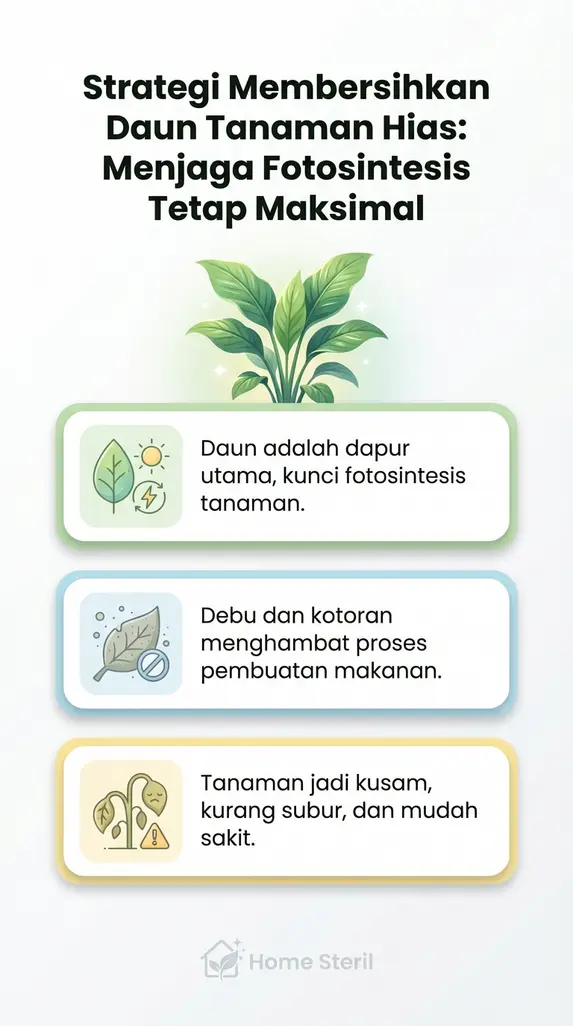 Kain mikrofiber lembap yang diseka secara perlahan di atas permukaan helai daun Monstera yang lebar hingga mengilap alami.