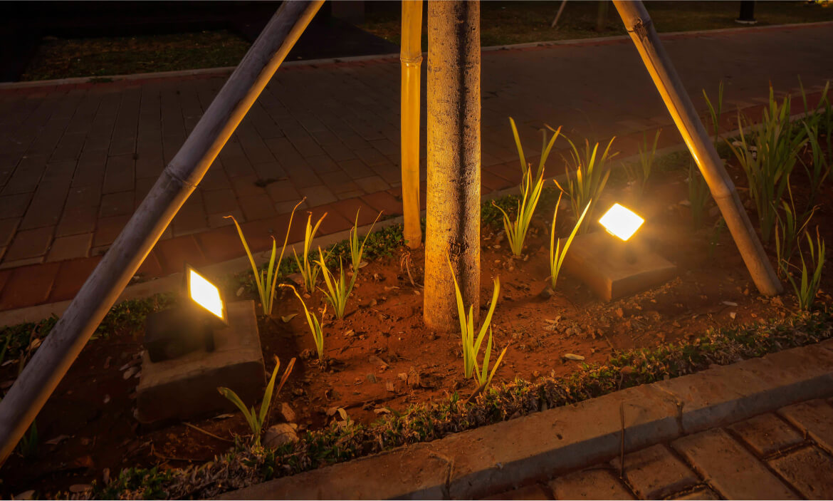 Sorotan lampu warm white 3000K dari bawah menembus helaian daun sikas dan tekstur dinding batu paras pada malam hari.