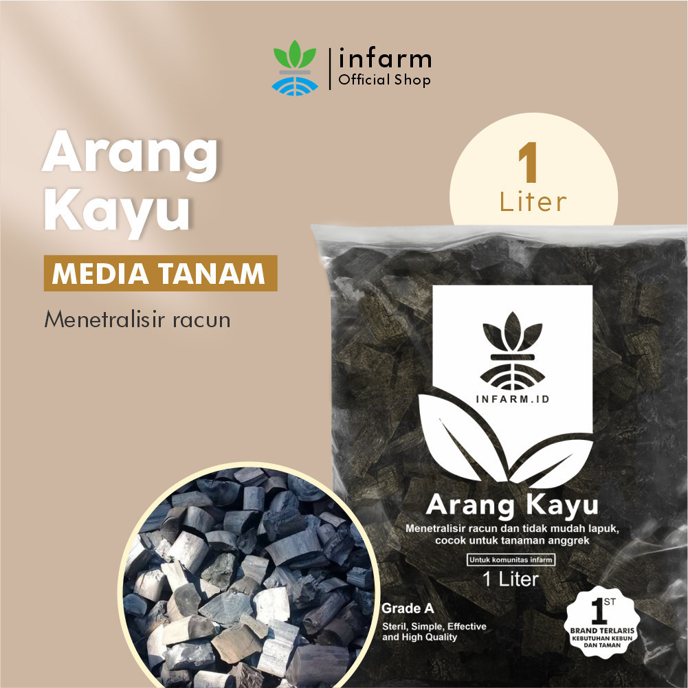 Tiga wadah transparan memperlihatkan material media tanam anggrek epifit: potongan arang kayu bebas getah, pecahan genting tanah liat, dan akar kadaka kering.