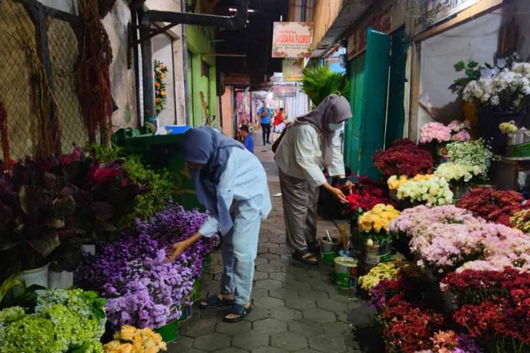 Pemandangan kios bunga Kayoon di tepi Sungai Kalimas Surabaya bersanding dengan hamparan nursery outdoor Sidomulyo Kota Batu.