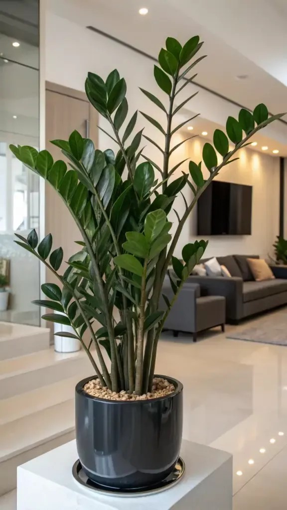 Satu pot keramik hitam berisi tanaman ZZ Plant berdaun hijau gelap tebal mengilap seperti dilapisi lilin di atas meja konsol kayu lorong rumah.