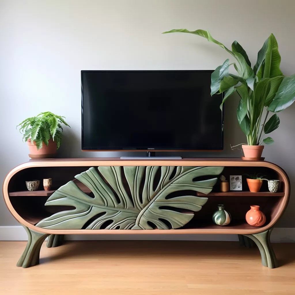 Pot silinder teraso putih berisi Monstera Deliciosa berdaun lebar ditempatkan strategis di samping credenza TV ruang tamu.
