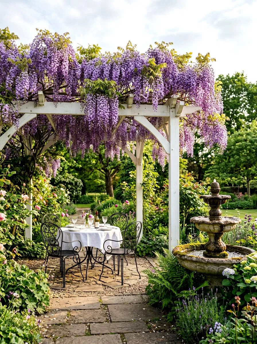 Pemandangan dari bawah rangka pergola atap kaca yang dinaungi rimbunnya sulur tanaman Thunbergia grandiflora dengan bunga biru menjuntai.