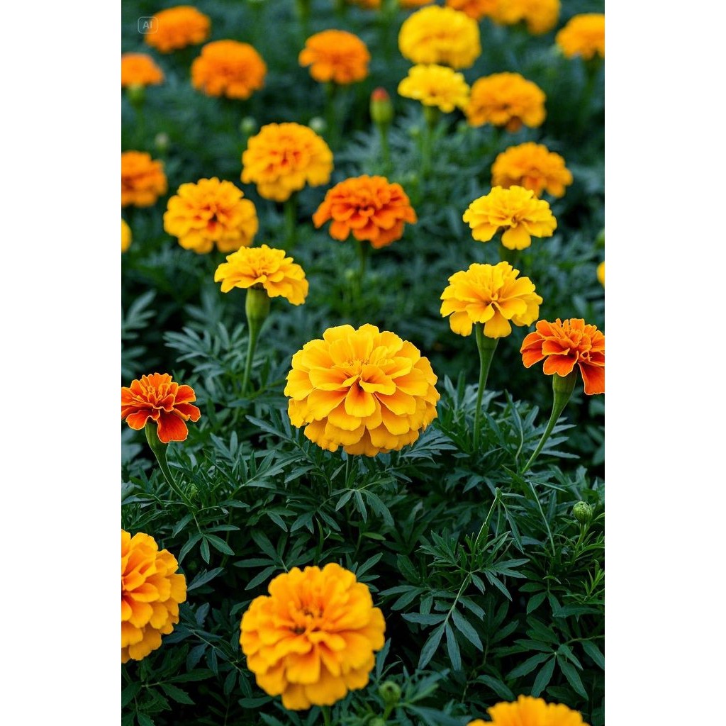 Bunga marigold berwarna jingga keemasan mekar bulat sempurna di batas bedengan taman bunga halaman.